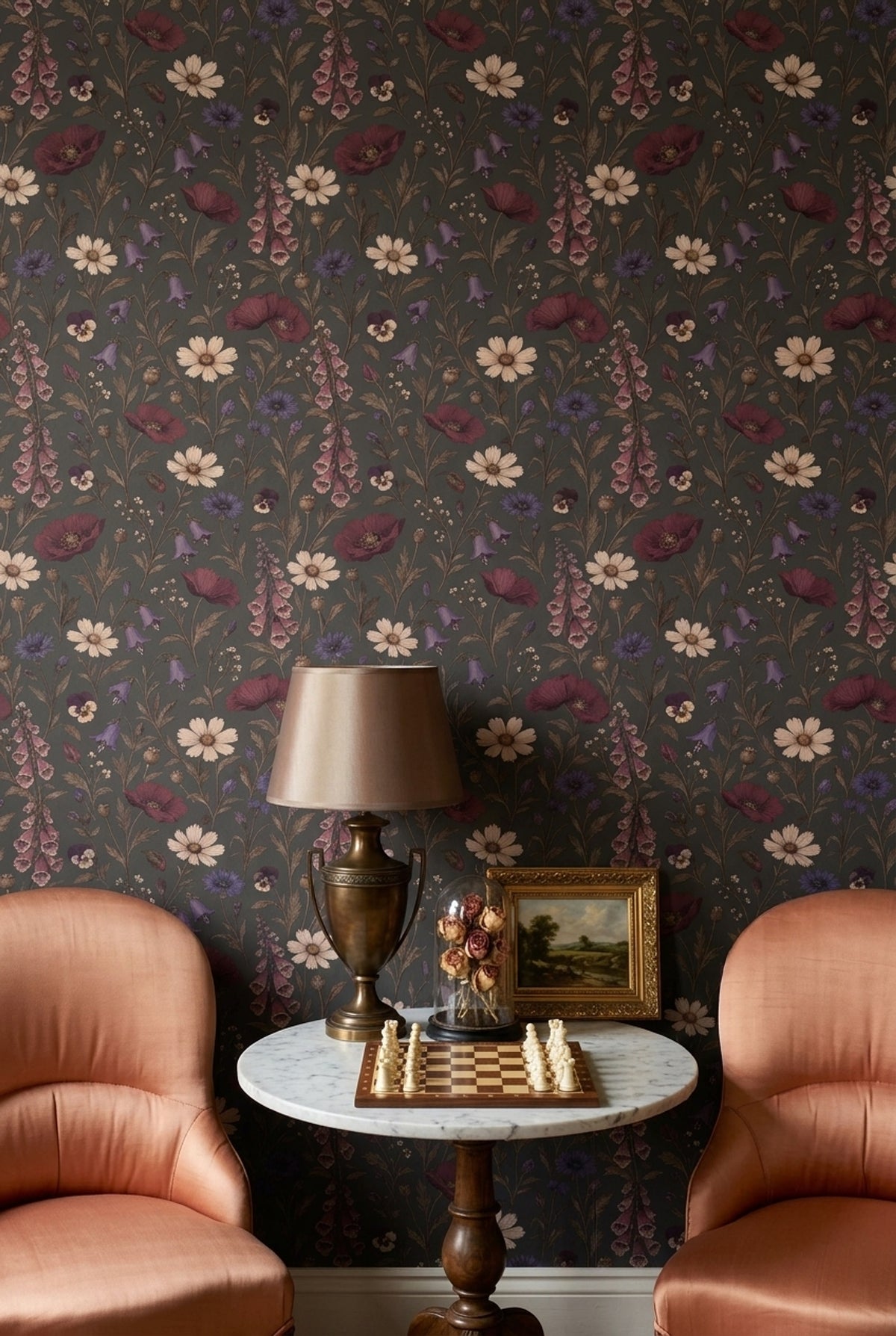 Koyu Zeminli Kır Çiçekleri Duvar Kağıdı Salon Desenli