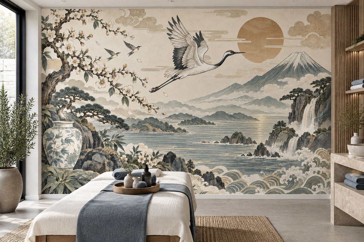 Japon Manzaralı Poster Duvar Kağıdı Turna Kuşu Bej Tonlar