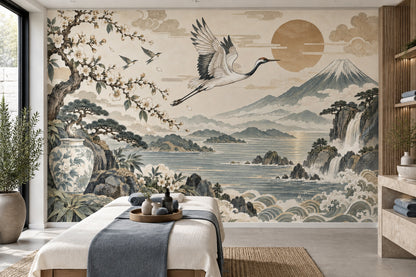 Japon Manzaralı Poster Duvar Kağıdı Turna Kuşu Bej Tonlar