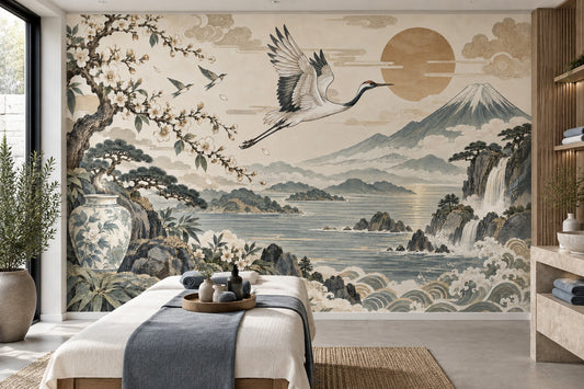 Japon Manzaralı Poster Duvar Kağıdı Turna Kuşu Bej Tonlar