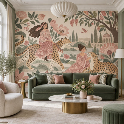 Leoparlı Masal Bahçesi Poster Duvar Kağıdı Pembe Yeşil Çiçekli