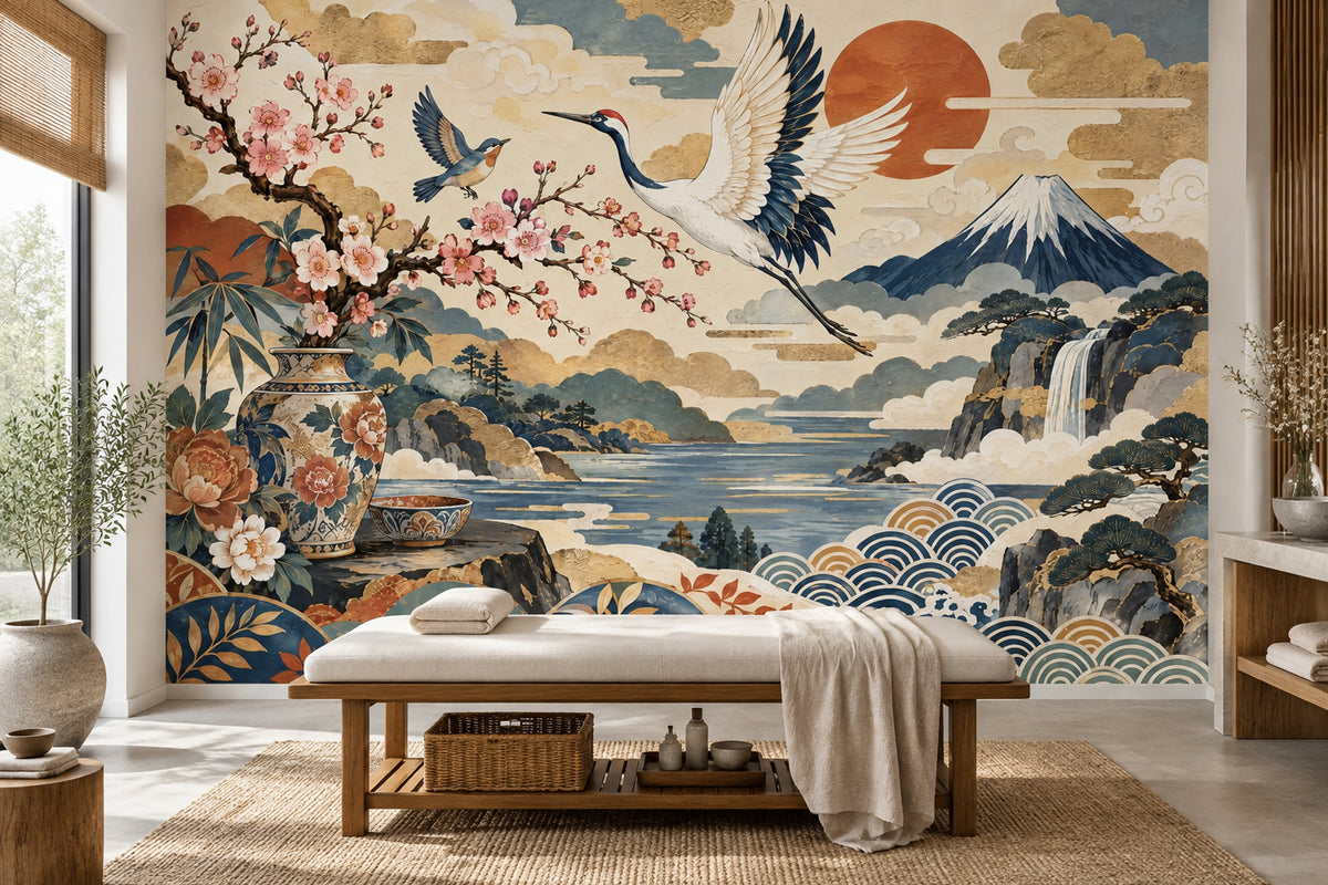 Japon Turnalı Poster Duvar Kağıdı Lacivert Altın Salon