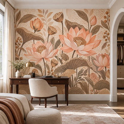 Pudra Pembe Lotus Çiçekli Poster Duvar Kağıdı Salon