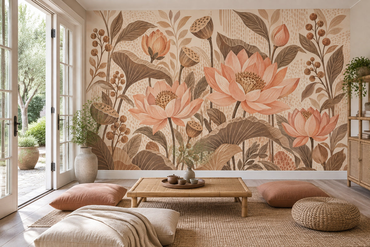 Pudra Pembe Lotus Çiçekli Poster Duvar Kağıdı Salon
