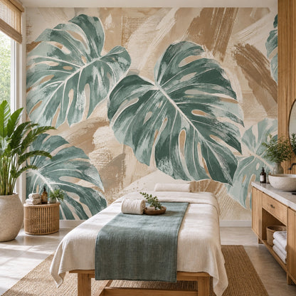 Tropikal Monstera Yapraklı Poster Duvar Kağıdı Bej Yeşil Salon