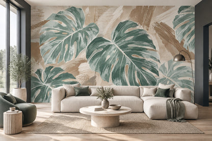 Tropikal Monstera Yapraklı Poster Duvar Kağıdı Bej Yeşil Salon