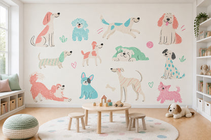 Sevimli Köpek İllüstrasyonlu Poster Duvar Kağıdı Çocuk Odası Pastel