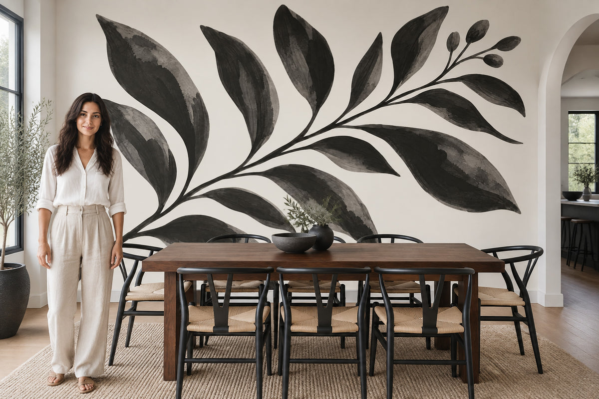 Siyah Yaprak Desenli Poster Duvar Kağıdı Minimalist Salon Dekoru