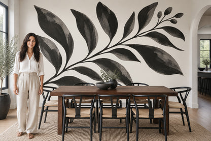 Siyah Yaprak Desenli Poster Duvar Kağıdı Minimalist Salon Dekoru