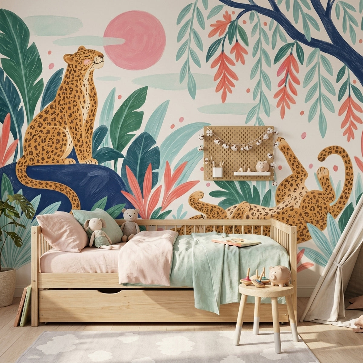 Leoparlı Orman Poster Duvar Kağıdı Yeşil Çocuk Odası