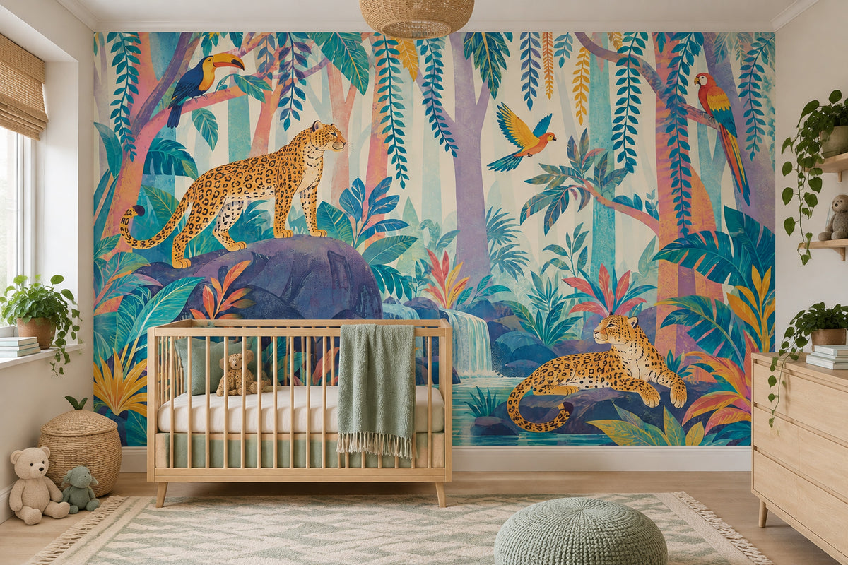 Leoparlı Orman Poster Duvar Kağıdı Renkli Çocuk Odası