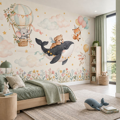 Uçan Balonlu Hayvanlar Poster Duvar Kağıdı Pastel Çocuk Odası