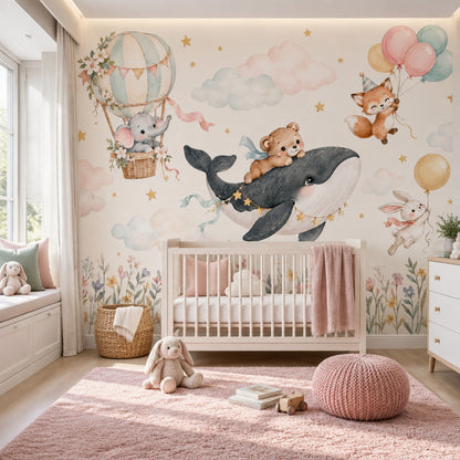 Uçan Balonlu Hayvanlar Poster Duvar Kağıdı Pastel Çocuk Odası