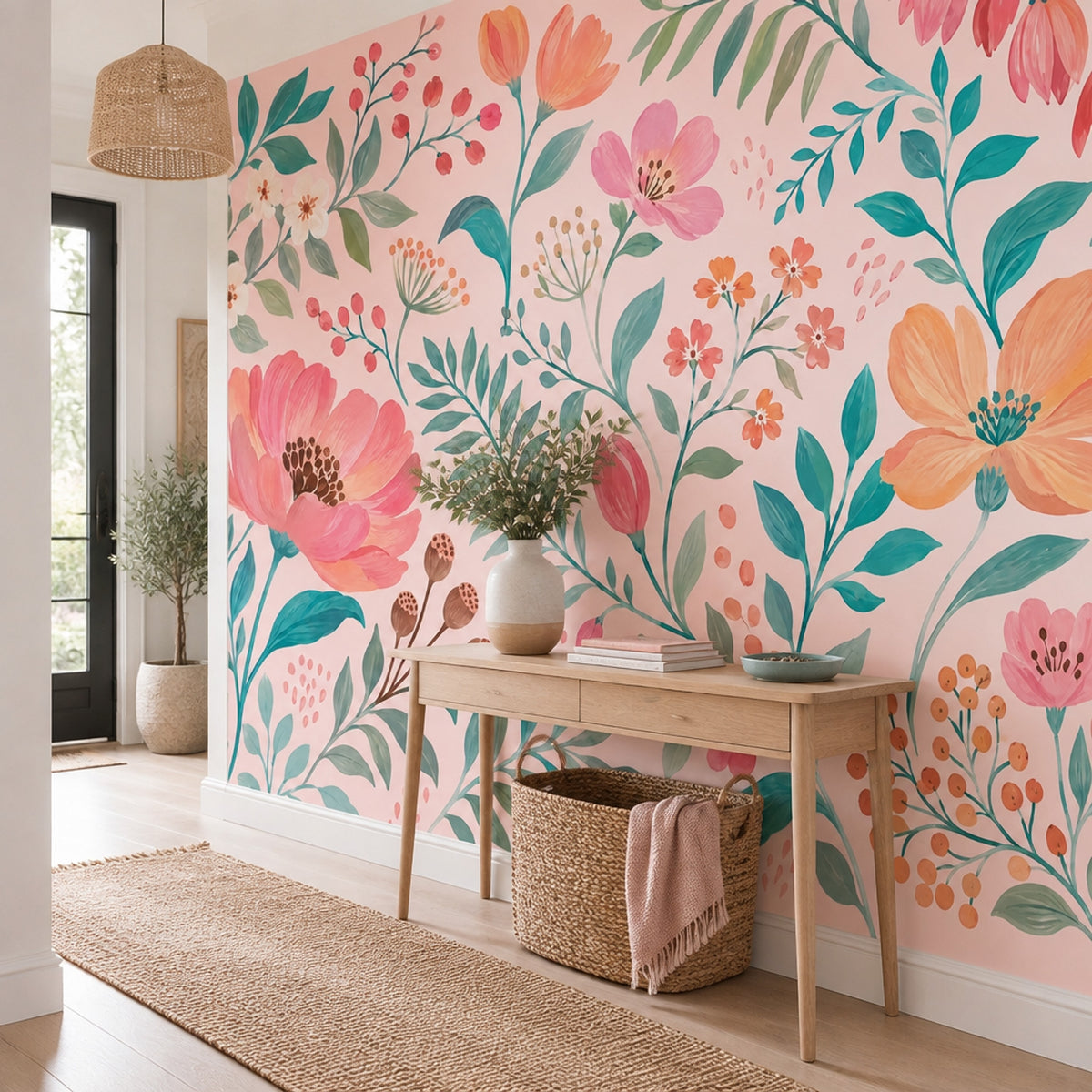 Suluboya Çiçekli Poster Duvar Kağıdı Pembe Çocuk Odası