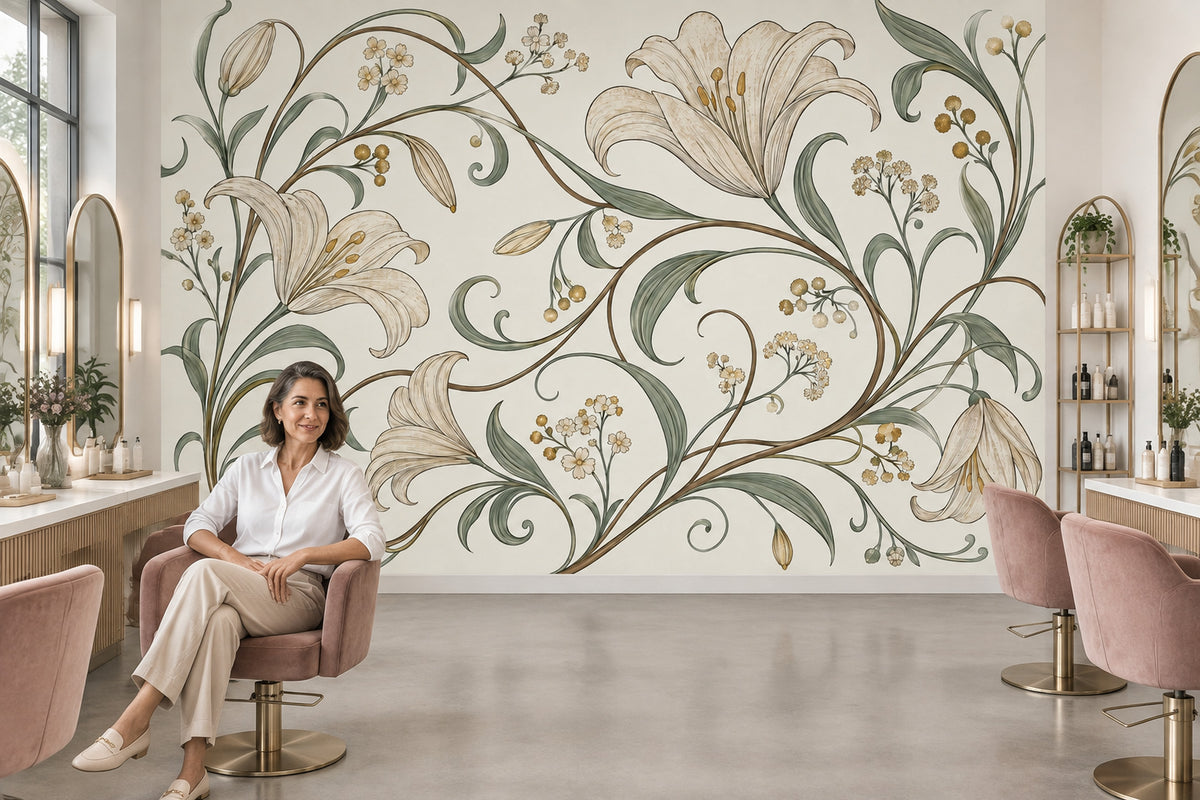 Zambak Çiçekli Poster Duvar Kağıdı Bej Yeşil Salon Deseni