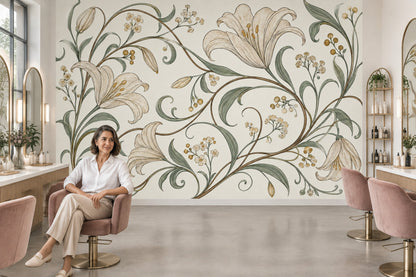 Zambak Çiçekli Poster Duvar Kağıdı Bej Yeşil Salon Deseni