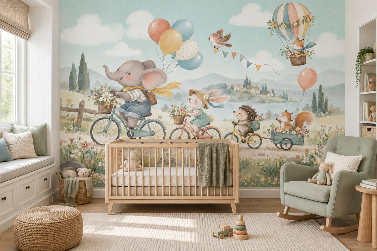 Balonlu Hayvanlı Poster Duvar Kağıdı Pastel Çocuk Odası