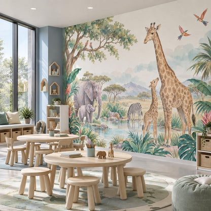 Safari Hayvanlı Poster Duvar Kağıdı Pastel Çocuk Odası