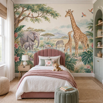 Safari Hayvanlı Poster Duvar Kağıdı Pastel Çocuk Odası