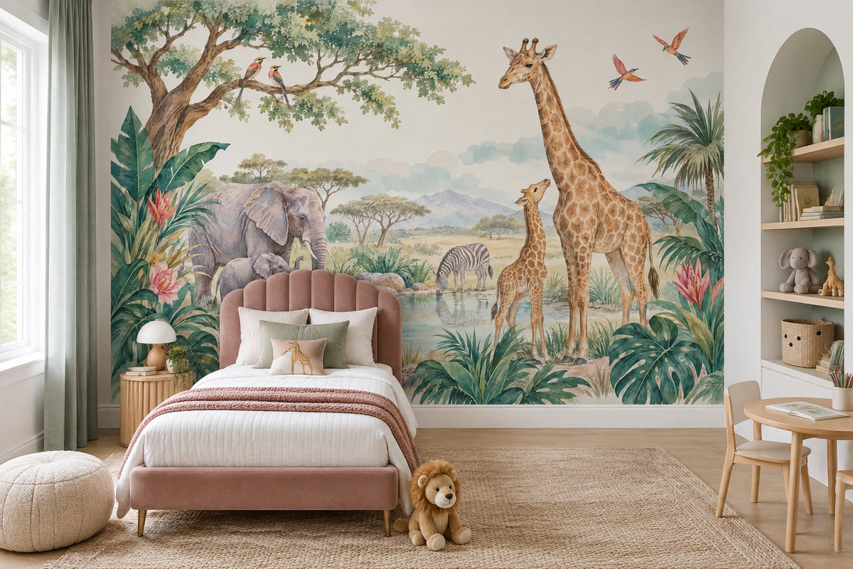 Safari Hayvanlı Poster Duvar Kağıdı Pastel Çocuk Odası