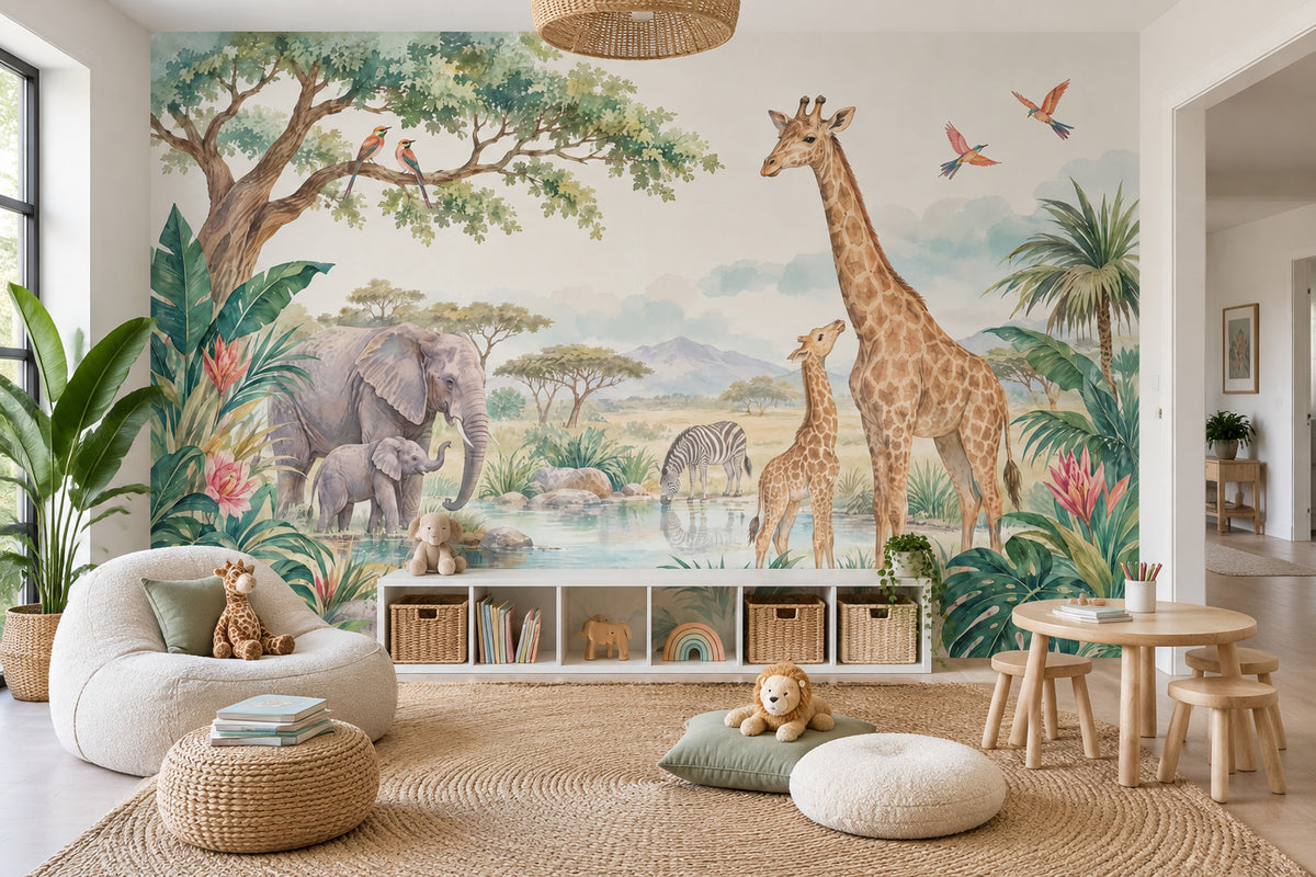 Safari Hayvanlı Poster Duvar Kağıdı Pastel Çocuk Odası