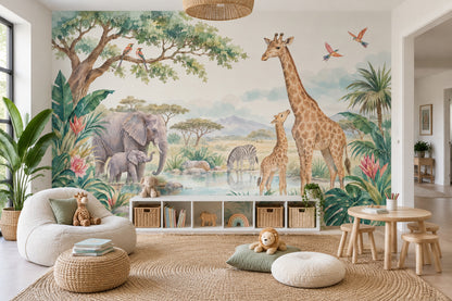 Safari Hayvanlı Poster Duvar Kağıdı Pastel Çocuk Odası