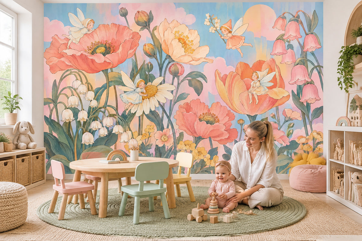 Perili Büyük Çiçekli Poster Duvar Kağıdı Pastel Çocuk Odası