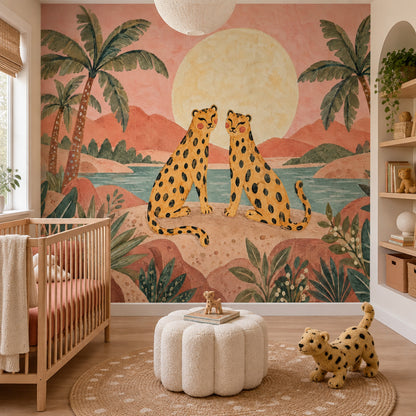 Leoparlı Safari Poster Duvar Kağıdı Gün Batımı Çocuk Odası