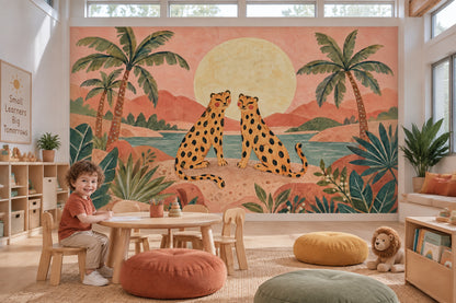 Leoparlı Safari Poster Duvar Kağıdı Gün Batımı Çocuk Odası