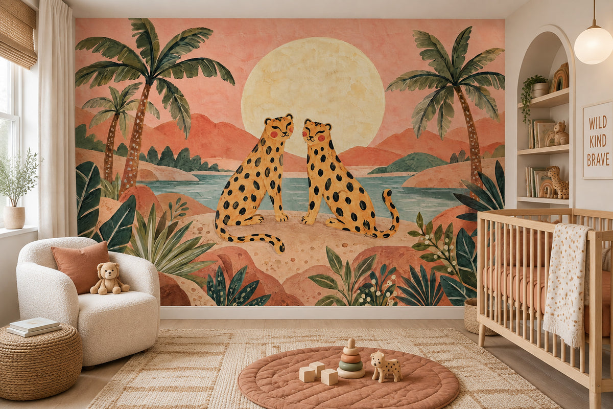 Leoparlı Safari Poster Duvar Kağıdı Gün Batımı Çocuk Odası