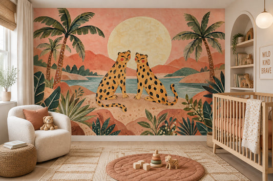 Leoparlı Safari Poster Duvar Kağıdı Gün Batımı Çocuk Odası