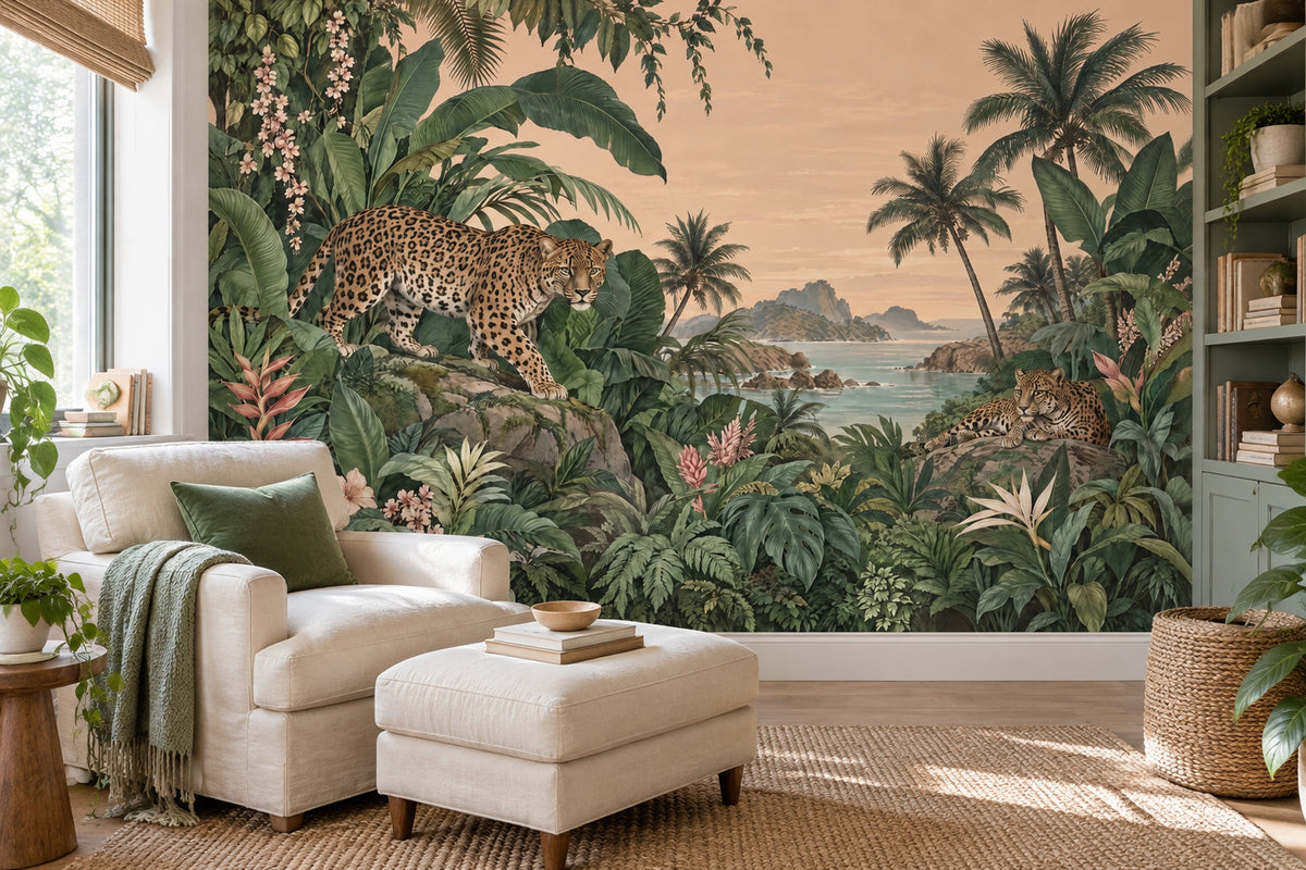 Leoparlı Tropikal Orman Poster Duvar Kağıdı Yeşil Salon