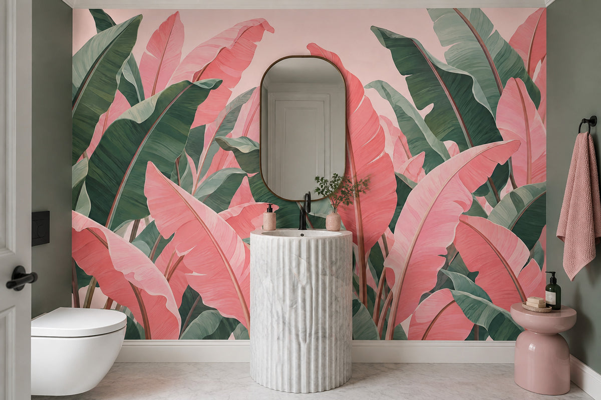 Tropikal Yapraklı Poster Duvar Kağıdı Pembe Yeşil Banyo