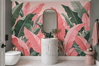 Tropikal Yapraklı Poster Duvar Kağıdı Pembe Yeşil Banyo