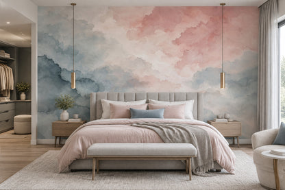 Pastel Bulut Desenli Poster Duvar Kağıdı Pembe Mavi Yatak Odası
