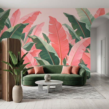 Tropikal Yapraklı Poster Duvar Kağıdı Pembe Yeşil Banyo