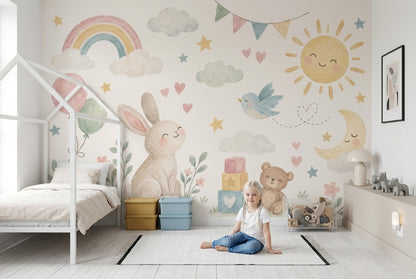 Gökkuşağı ve Tavşanlı Poster Duvar Kağıdı Bebek Odası