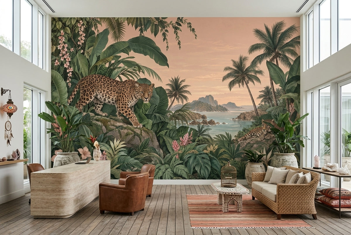 Leoparlı Tropikal Orman Poster Duvar Kağıdı Yeşil Salon