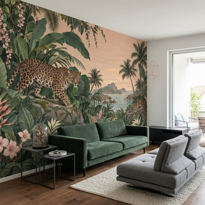 Leoparlı Tropikal Orman Poster Duvar Kağıdı Yeşil Salon
