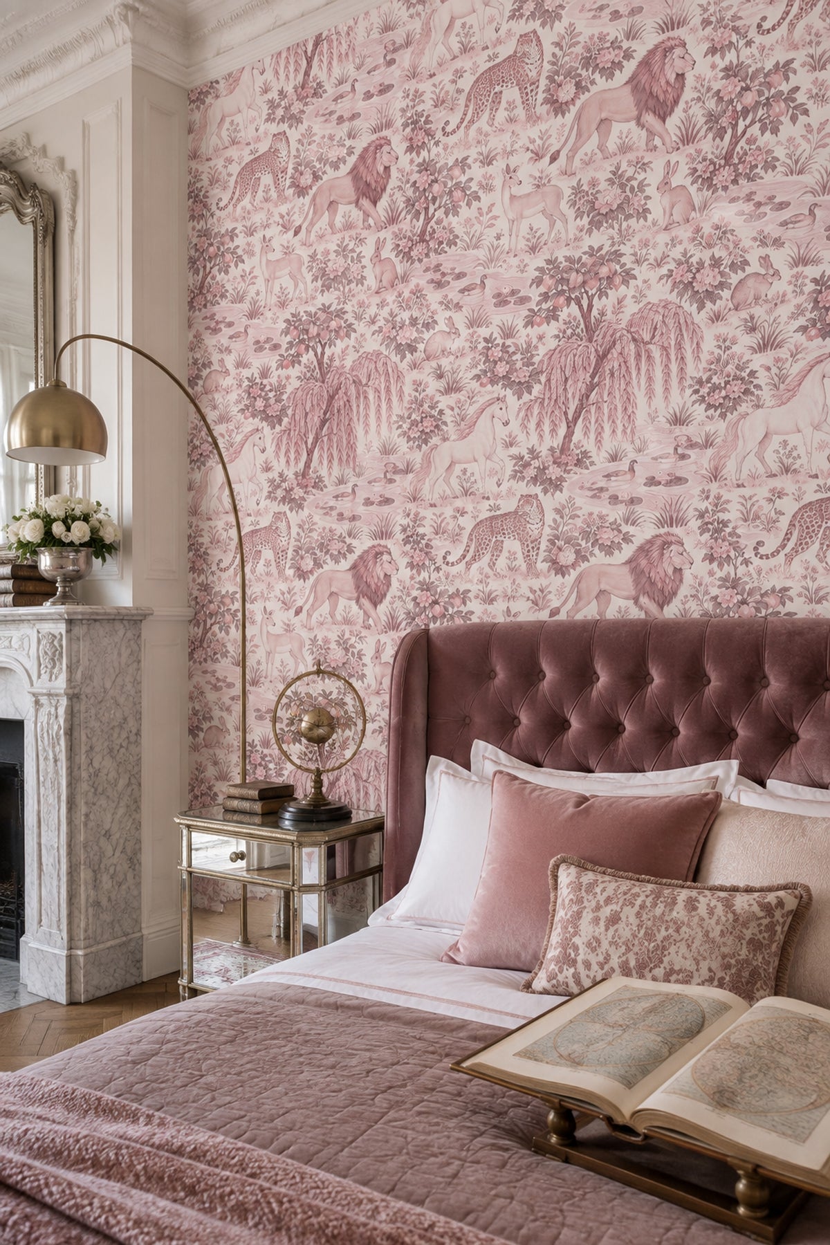 Safari Hayvanlı Duvar Kağıdı Pudra Pembe Desenli Salon