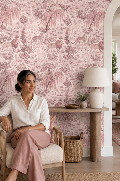 Safari Hayvanlı Duvar Kağıdı Pudra Pembe Desenli Salon
