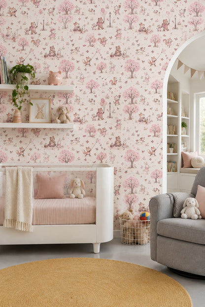 Pembe Orman Hayvanlı Duvar Kağıdı Kız Çocuk Odası