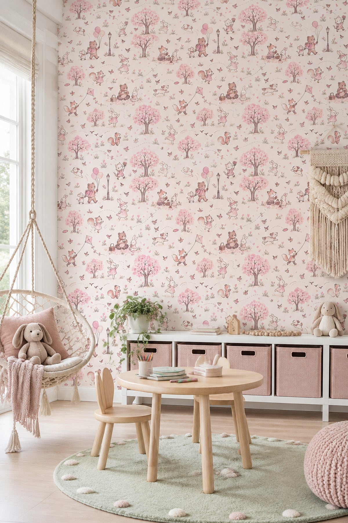 Pembe Orman Hayvanlı Duvar Kağıdı Kız Çocuk Odası