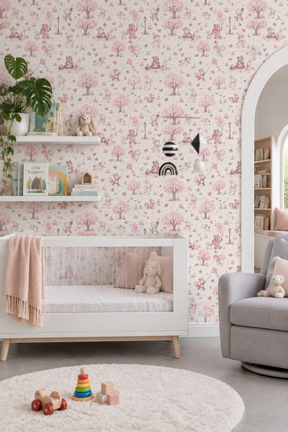 Pembe Orman Hayvanlı Duvar Kağıdı Kız Çocuk Odası