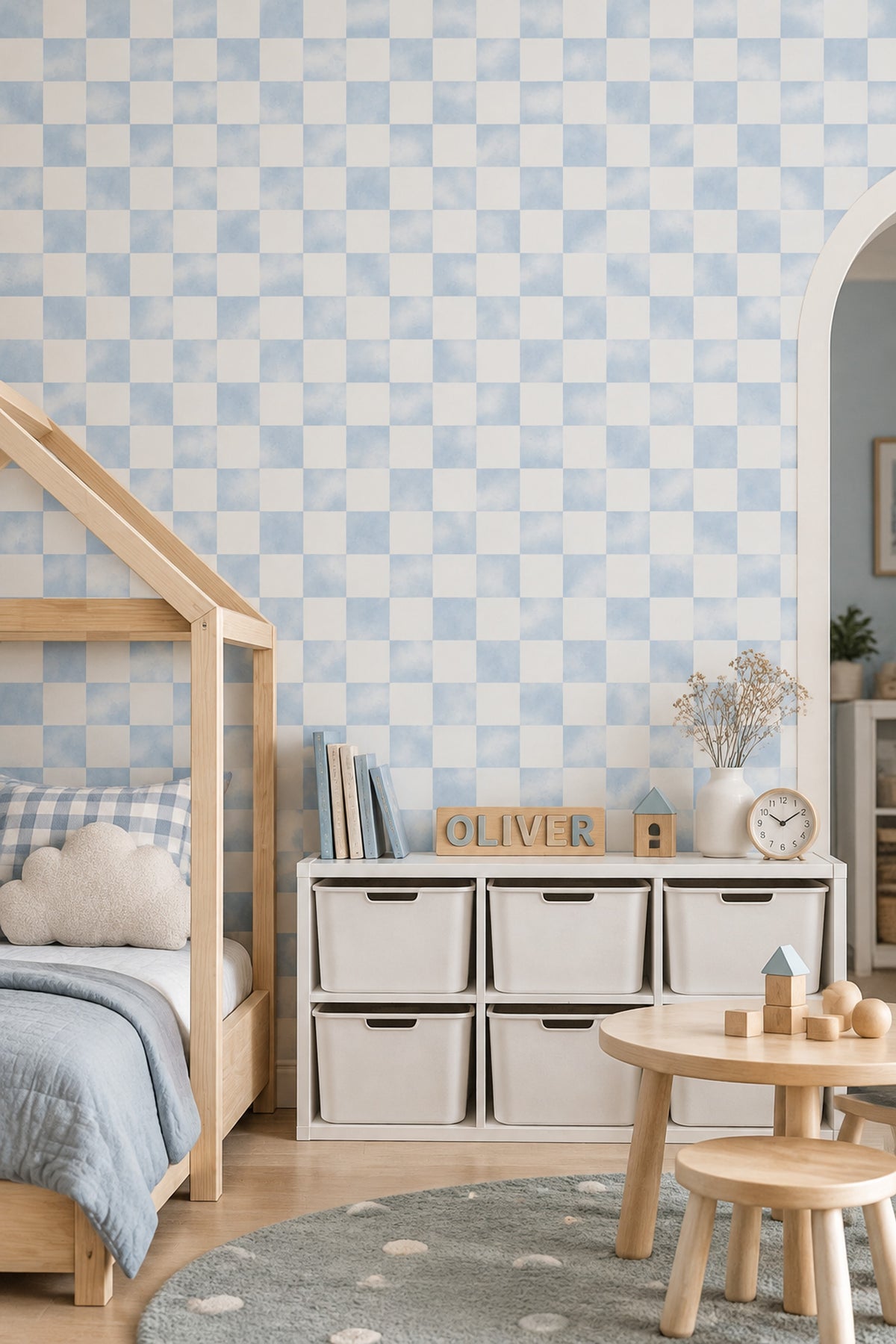 Mavi Beyaz Kareli Duvar Kağıdı Modern Yatak Odası