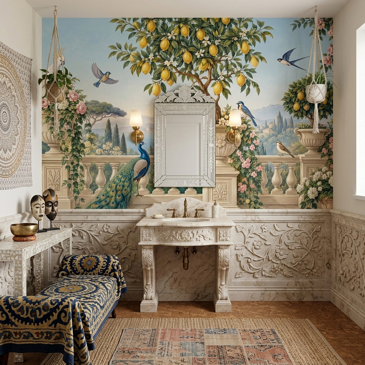 Limon Ağacı ve Kuşlar Poster Duvar Kağıdı Klasik Salon