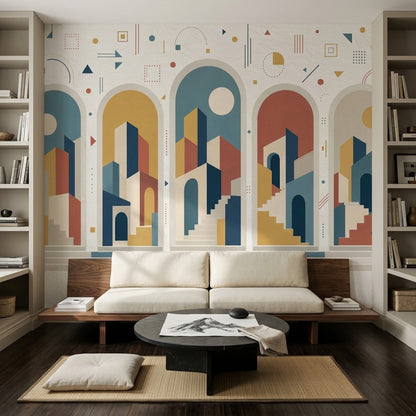 Soyut Mimari Kemerli Poster Duvar Kağıdı Lacivert Hardal Salon
