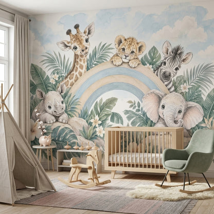 Safari Hayvanlı Poster Duvar Kağıdı Pastel Çocuk Odası Desenli