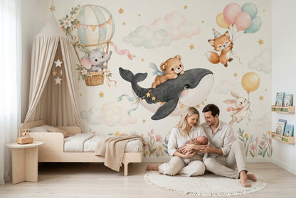 Uçan Balonlu Hayvanlar Poster Duvar Kağıdı Pastel Çocuk Odası