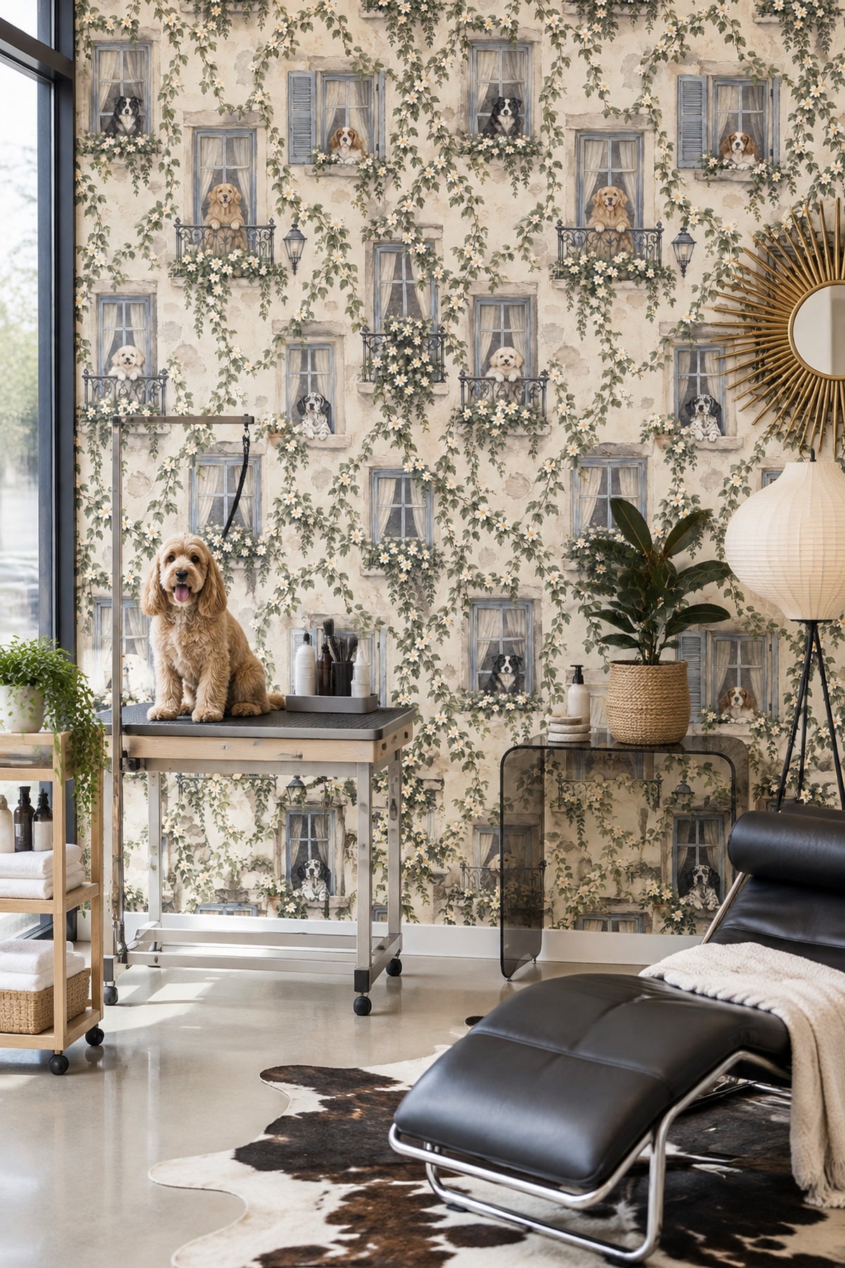 Çiçekli Köpekli Pencere Desenli Duvar Kağıdı Bej Salon